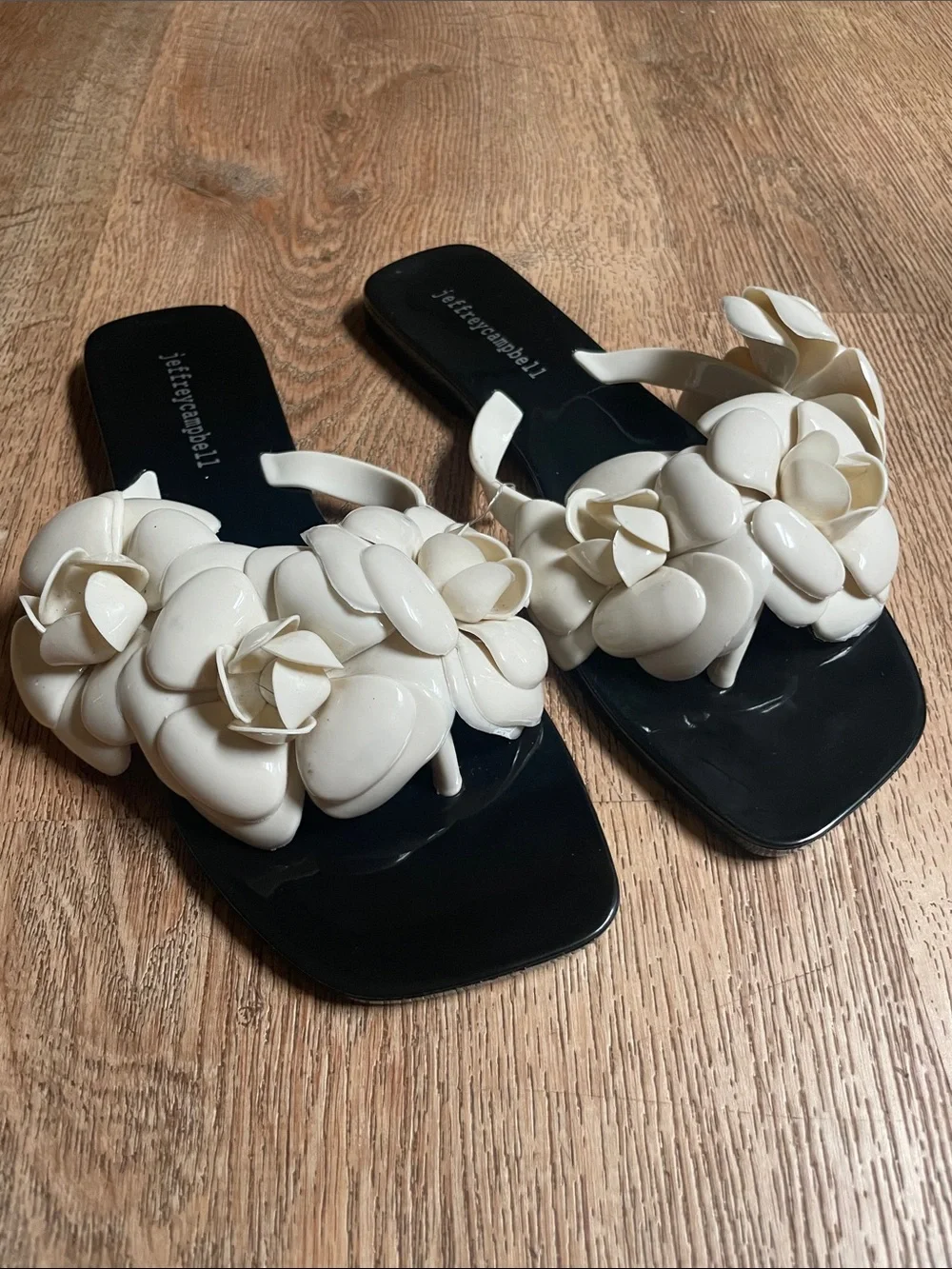Jeffrey Campbell Black Footbed White Floral Slide Sandals